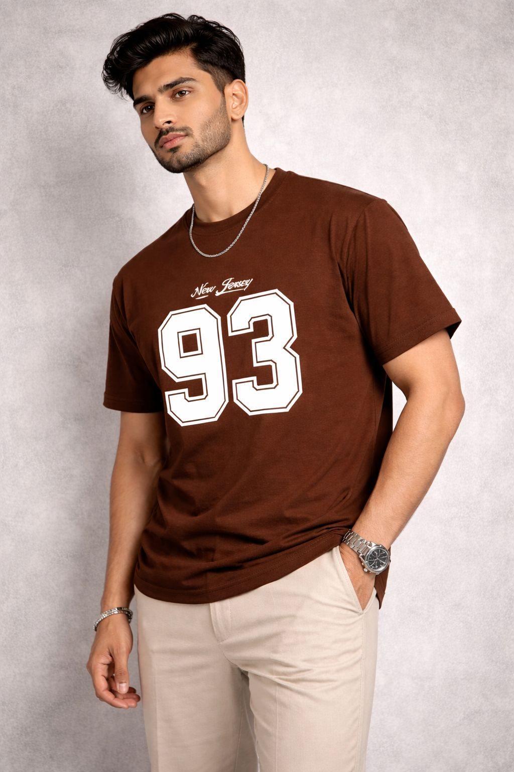 Men’s Oversized Brown Printed Cotton T-Shirt | New Jersey 93 Loose Fit Cotton Streetwear Tee